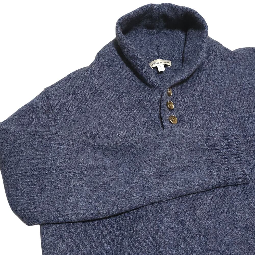 Peter Millar L Large Mens Blue Button Shawl Collar Wool Sweater Pullover-Worn